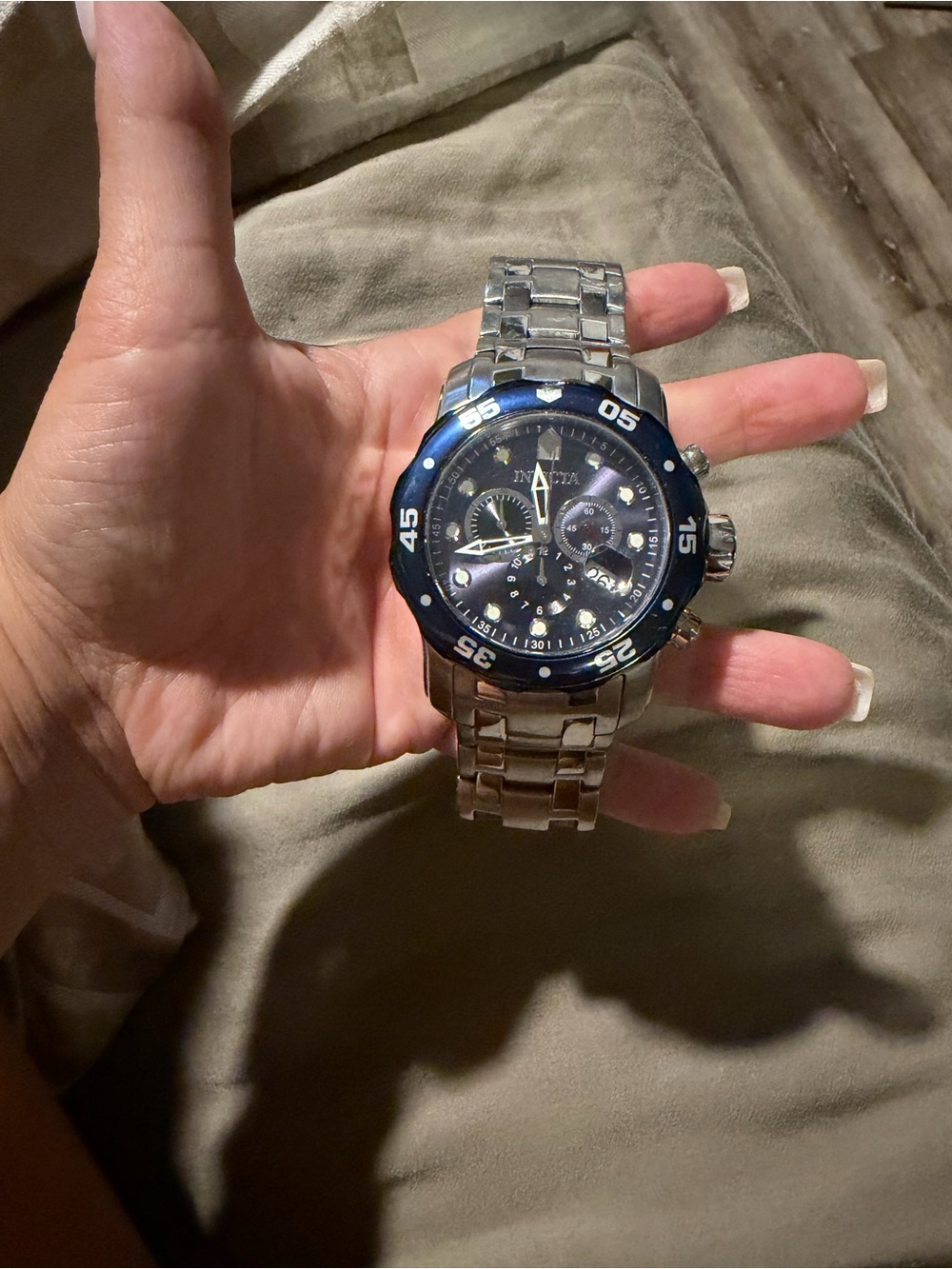 Invicta Silver-Tone Watch with Blue Bezel and Dial